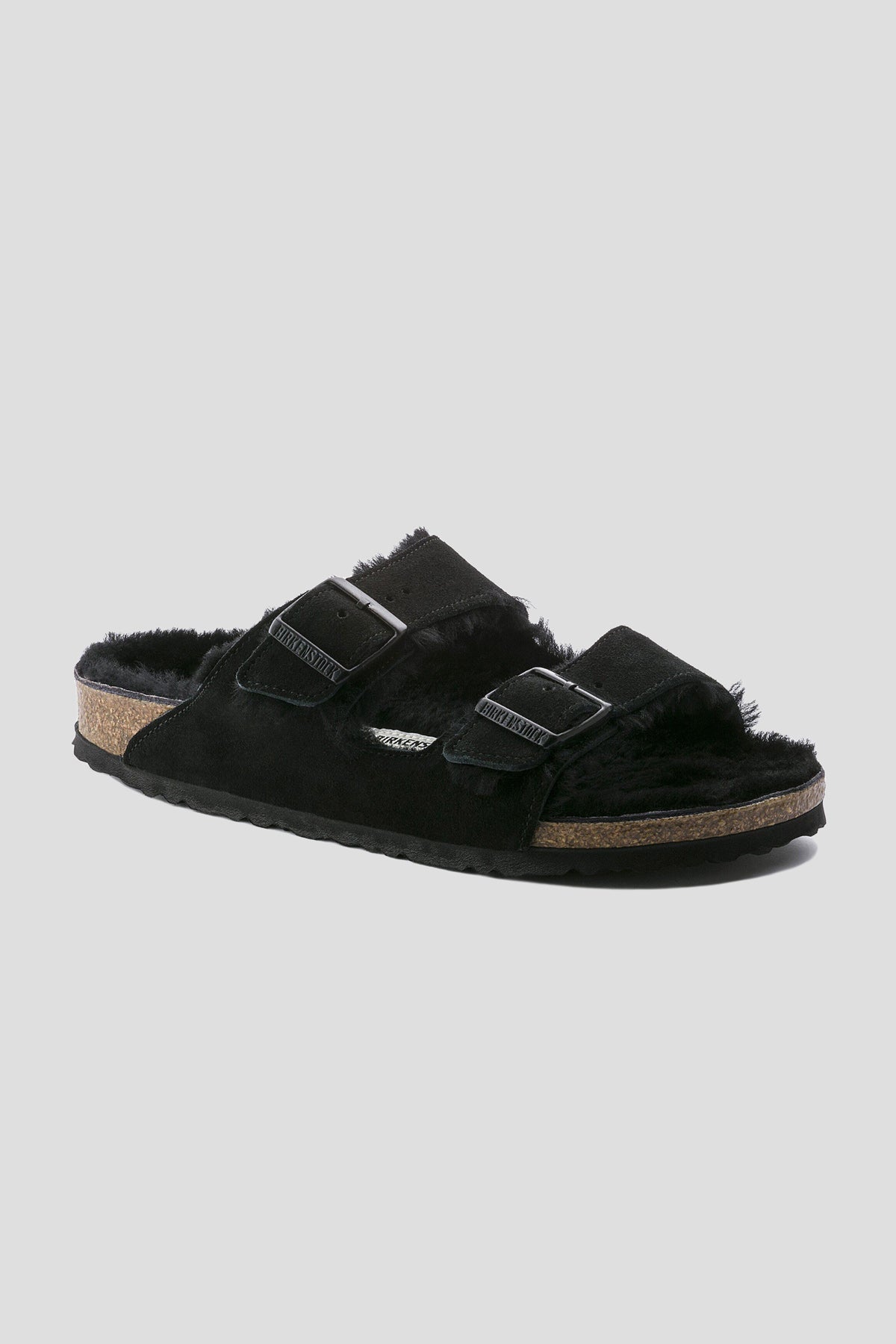 Birkenstock Arizona Suede Shearling Sandals in Black – Drama Club