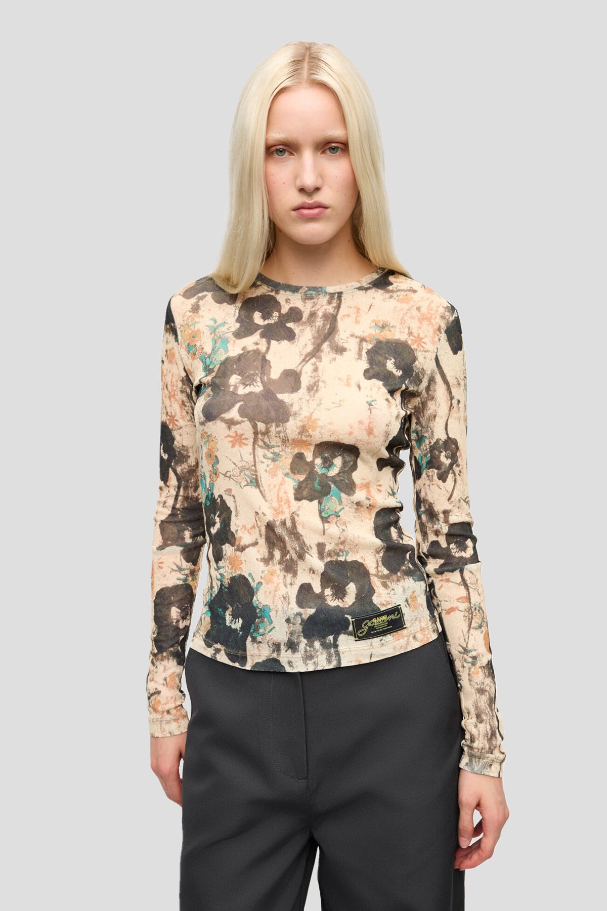 Printed Marl Mesh Long Sleeve Top