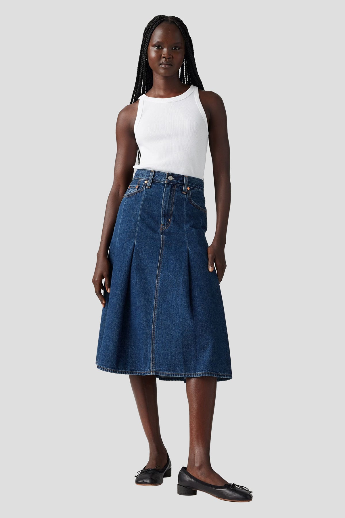 Pleated Denim Midi Skirt