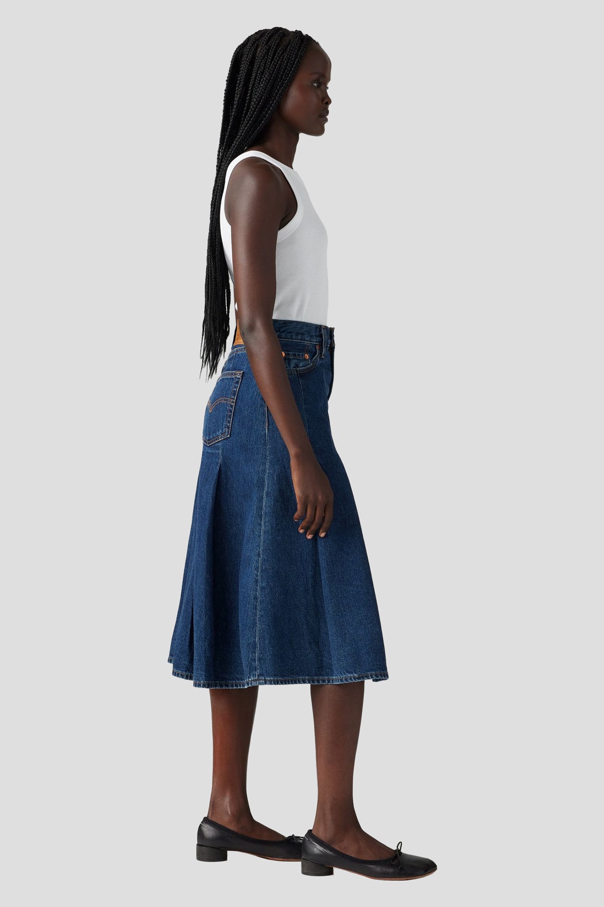 Pleated Denim Midi Skirt