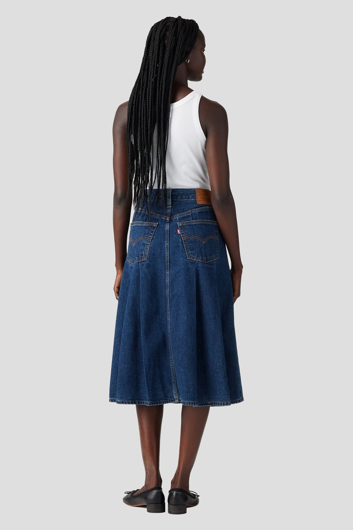 Pleated Denim Midi Skirt