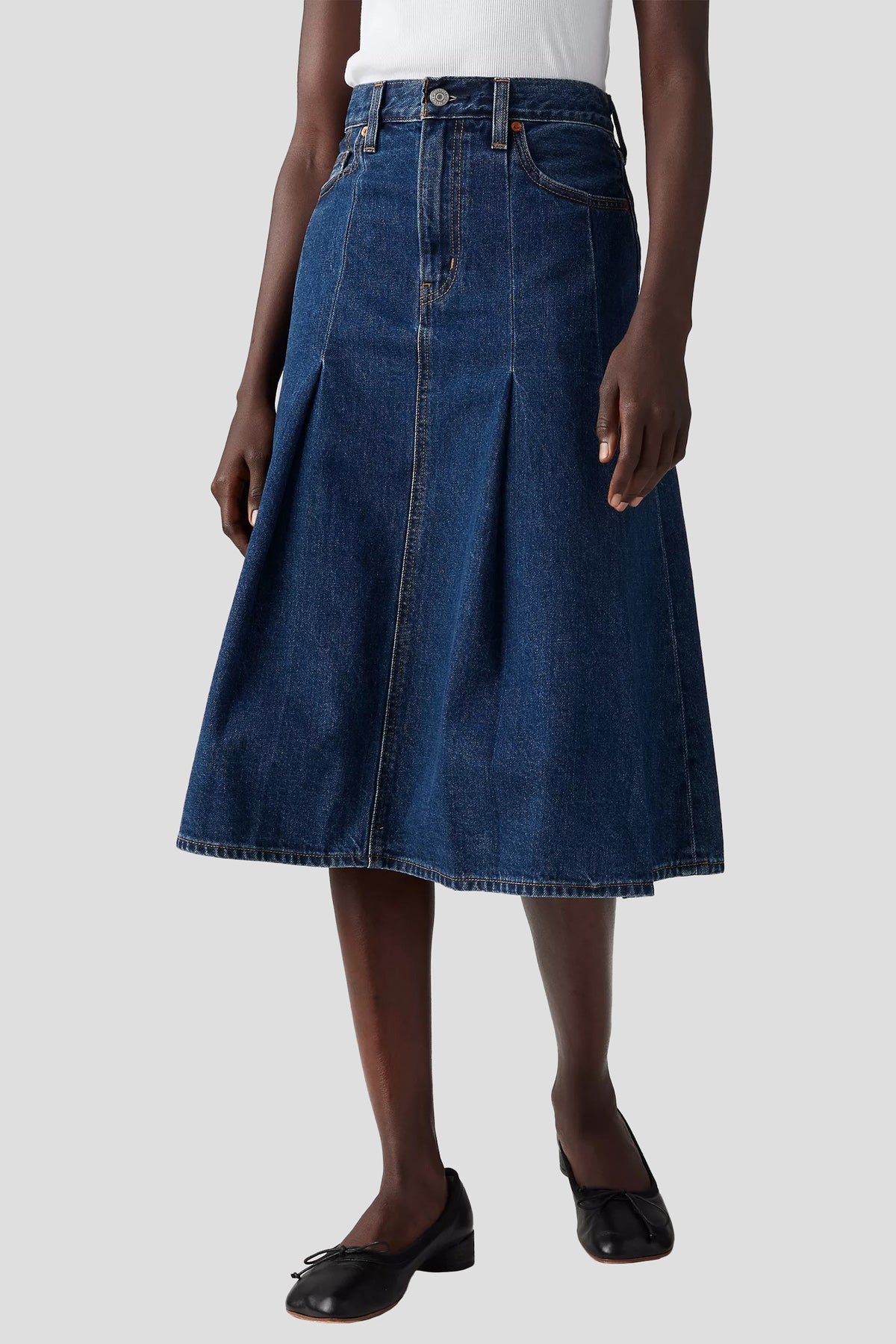 Pleated Denim Midi Skirt