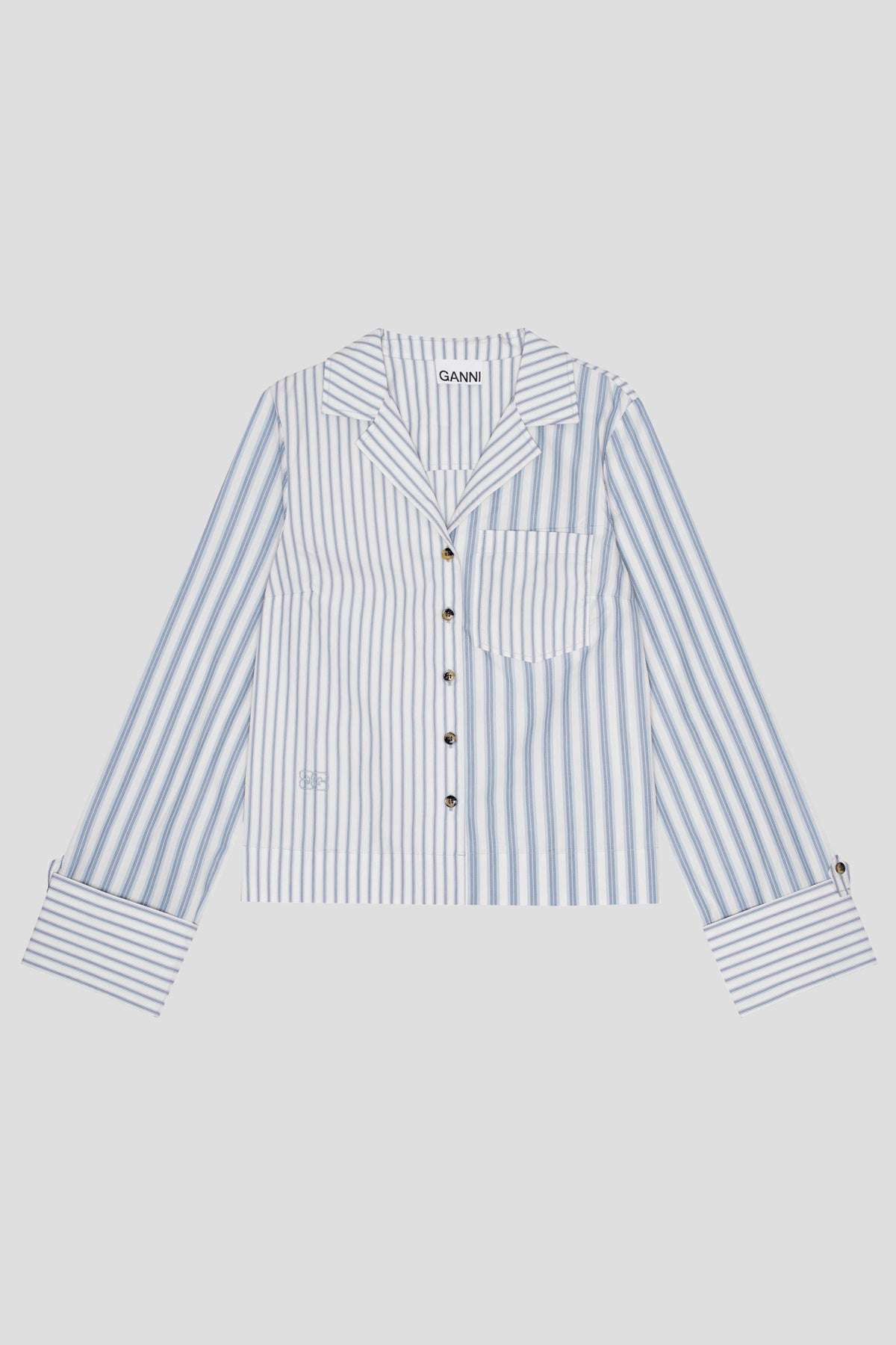 Blue and white striped button-down shirt with chest pocket